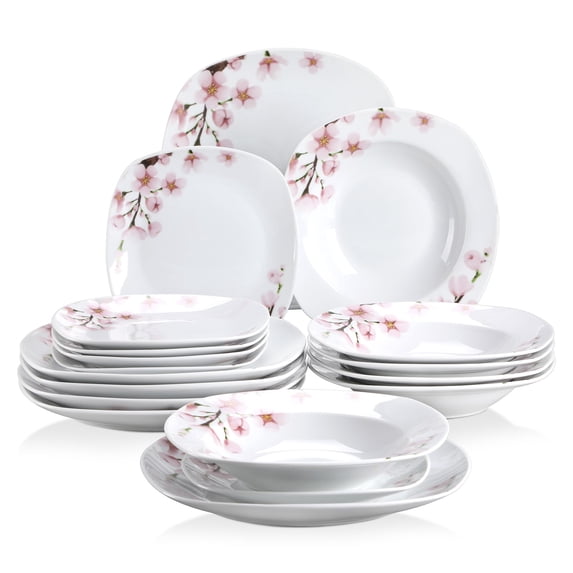 VEWEET, Series Annie, 18-Piece Porcelain Dinnerware Sets, Ivory White Dinner Set , Service for 6