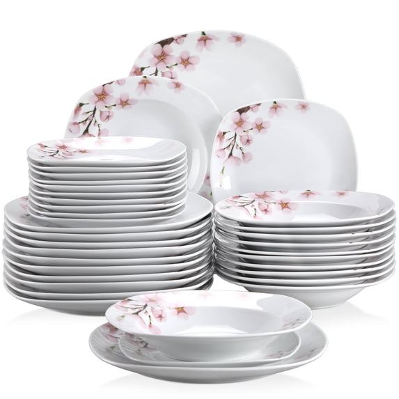 VEWEET, Series Annie, 36-Piece Porcelain Dinnerware Sets, Ivory White Dinner Set , Service for 12