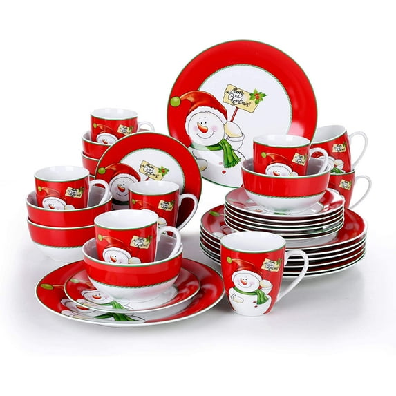 VEWEET, Series Snowman, 32 pieces Porcelain Dinnerware Set Combination Sets 10.75" Dinner Plate, 7.5" Dessert Plate, 5.5" Cereal Bowl and, 380ml Mug, Service for 8