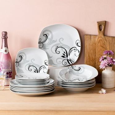 VEWEET, Series Zoey, 18-Piece Porcelain Dinnerware Set, Ivory White Black Decals Dinner Set, Service for 6