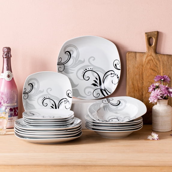 VEWEET, Series Zoey, 18-Piece Porcelain Dinnerware Set, Ivory White Black Decals Dinner Set, Service for 6