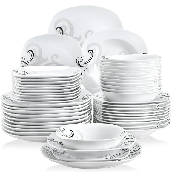 VEWEET, Series Zoey, 48-Piece Porcelain Dinnerware Set, Ivory White Black Decals Dinner Set, Service for 12