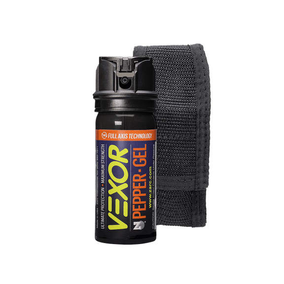 VEXOR® Pepper Gel from Zarc™, Maximum Strength Police Pepper Spray, Gel Is the future, Full Axis (360°) Technology Shoots from Any Angle 18-feet, Flip-top Safety and Holster Included