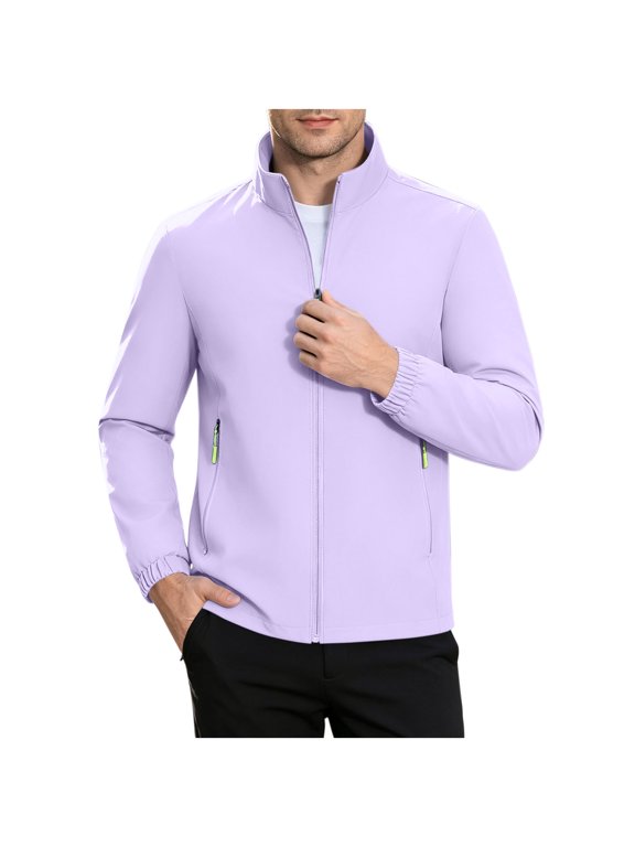 Lightweight Softshell Jackets for Men Waterproof Stand Collar Zip Up Long Sleeve Bomber Jackets with Zip Pockets