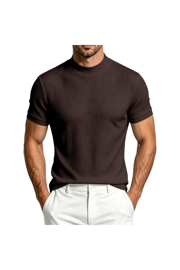 Men's Short Sleeve Tops Mock Neck Knit Tee Loose Fit Modern Casual T Shirts
