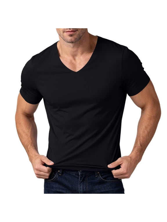 Mens V Neck Tee Tops Fitness Smooth Stretch Casual Short Sleeve Shirts for Workout