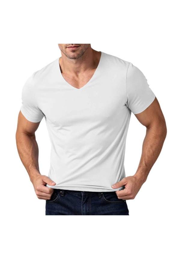 Mens V Neck Tee Tops Fitness Smooth Stretch Casual Short Sleeve Shirts for Workout