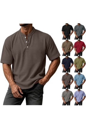 Waffle Henley Tee Tops for Men Classic Fit Short Sleeve Knit Button Shirts for Casual & Daily