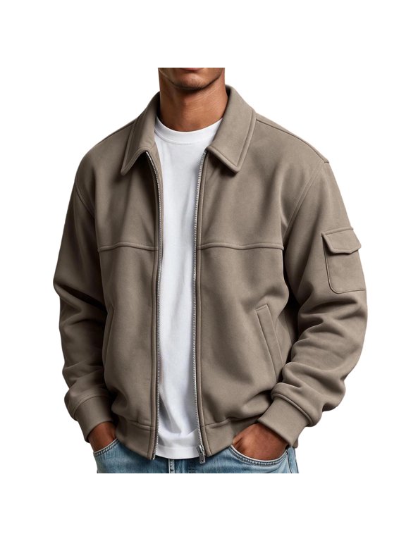Zip Up Jackets for Men Workwear Casual Outdoor Long Sleeve Coats with Cargo Pockets