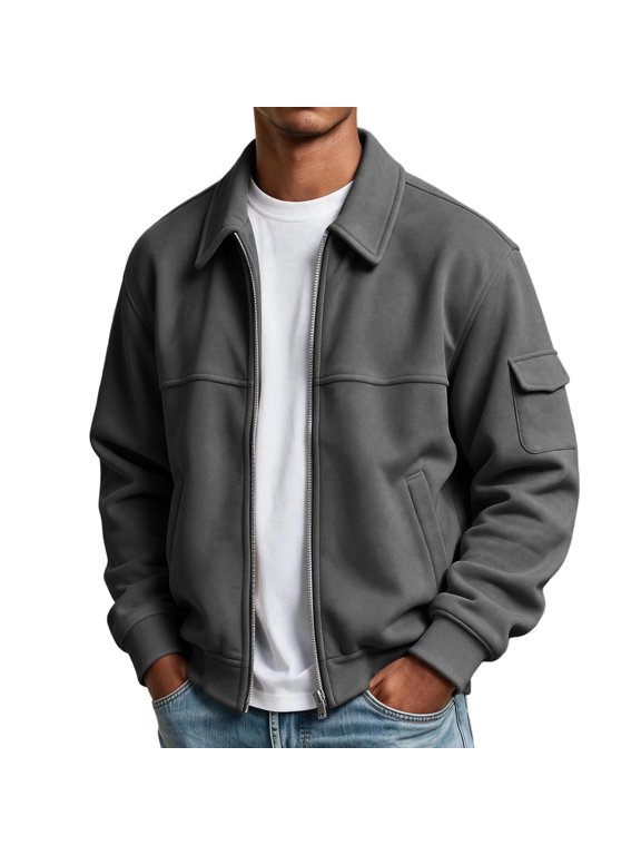 Zip Up Jackets for Men Workwear Casual Outdoor Long Sleeve Coats with Cargo Pockets