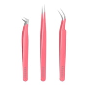 VEYES INC Lash Tweezers3pcs for Eyelash Extensions. Fiber Tip Tweezers Kit Contains Isolation,Curved and Volume Eyelashash Tweezers Pink