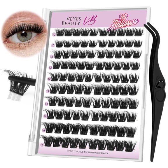 VEYESBEAUTY Self Adhesive DIY Lashes Clusteres No Glue Needed Fluffy Falsh Eyelashed Sweat-resistant With Tweezer