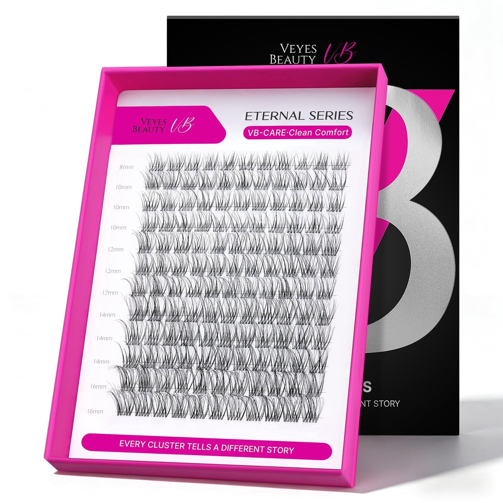VEYESBEAUTY VB-Care N°10 Lash Clusters 132pcs – Ultra-Light Natural Individual Cluster Lashes with 0.05mm Invisible Band, Hygienic & Reusable Lash Tray