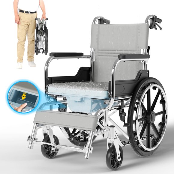 LETHIME Portable Wheelchair Wheelchairs for Adults, Commode with Locking Aluminum Alloy Commode Chair Lightweight Folding, Bathroom Chairs With Wheels for Disables and Elderly, 220 lb Weight Capacit