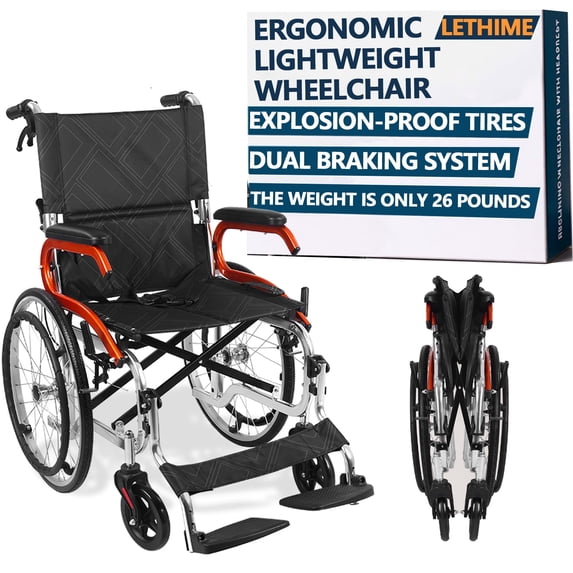LETHIME Wheelchairs for Adults, Desk-Length Arms, 17.7”W Seat, 24.25-Ib Lightweight Foldable, Dual brake Design, Swing Away Footrests, Self-propelled Big 20-inch Rear Wheels Suitable for All Terrain