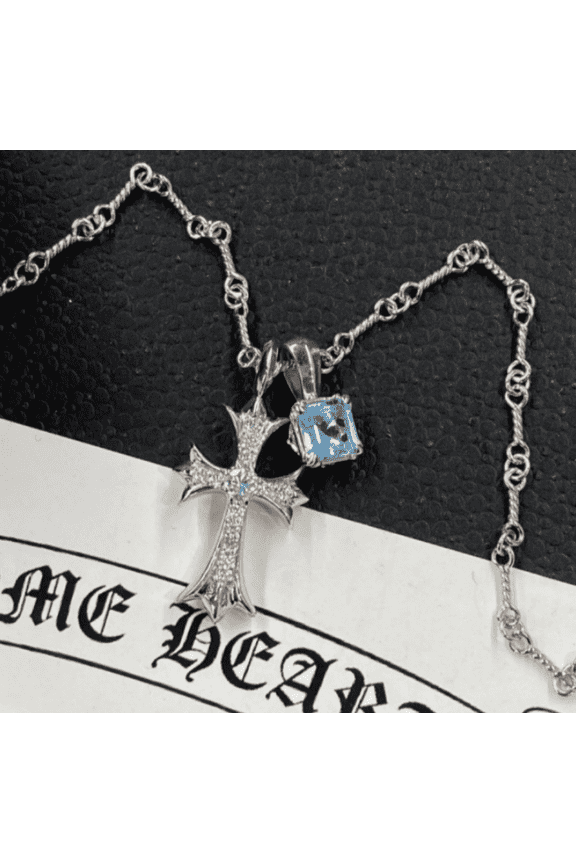 Gothic Cross Necklace for Women Men, Silver Tone Alloy Pendant Necklace with Blue Square Zircon Charm and Clear Zircon Accents, Fashion Jewelry Gift