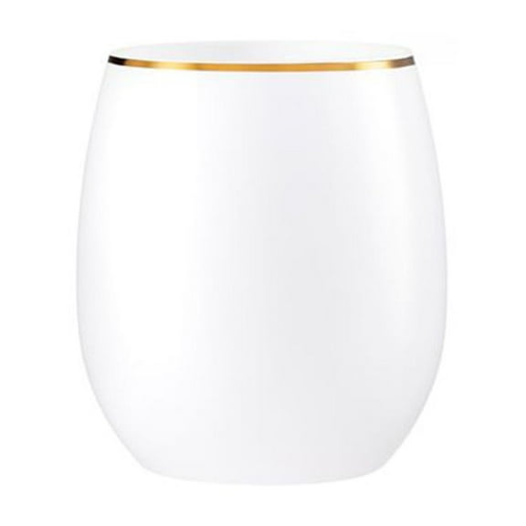 VEZEE Stemless Plastic Wine Goblet 12 oz White / Gold Rim Pack of 6