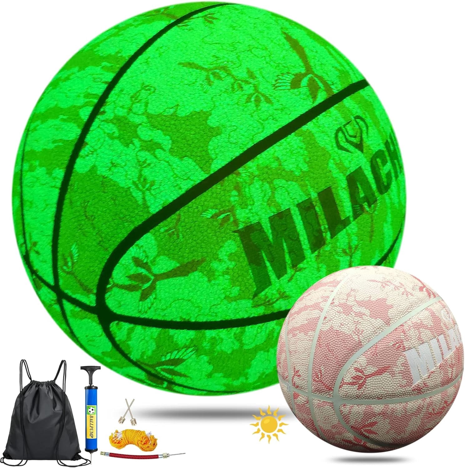 VEZLOP Basketball, Glow in the Dark Basketball, Glowing Composite Leather Luminous Basketball Gift for Youth, Men, Women, Indoor-Outdoor Night Basketball Size 7(29.5") / 6(28.5") / 5 (27.5") with Pump