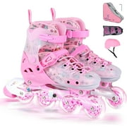 VEZLOPUS Inline Skates, Adjustable Children Inline Skates with Light up Wheels for Kids, Girls, Boys, Teens, Beginner & Advance | with Protective Gears and Carry Bag Pink