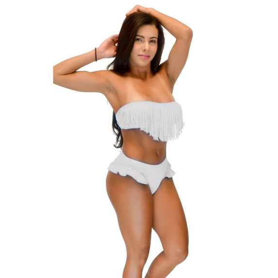 VF-Sport - Bikini, Fringe Bandeau, Two Piece Set (White, Medium)