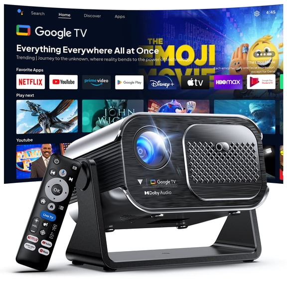 VF340 GTV Google TV Projector, Native 1080P Smart Projector with WiFi and Bluetooth, Auto Focus, Dolby Audio, Outdoor Projector for Home Theater