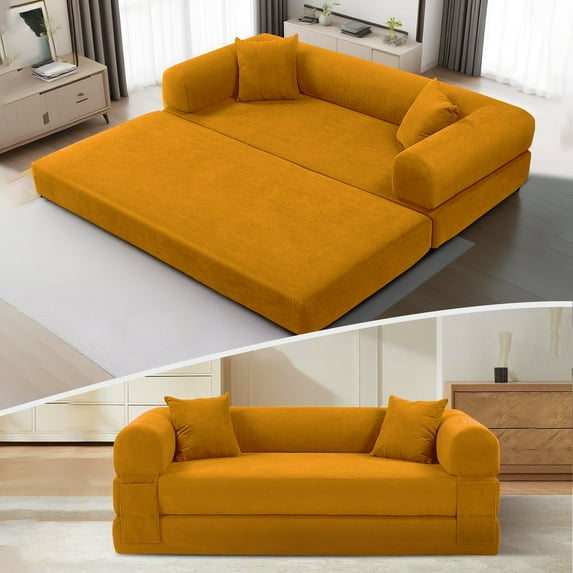 VFD 3-Seat Convertible Sleeper Sofa Bed with 2 Pillows, Deep Seats Teddy Sofa Corduroy Folding Mattress Couch, No Assembly Required Floor Sofa Lounge Boneless Couch for Living Room Bedroom, Yellow
