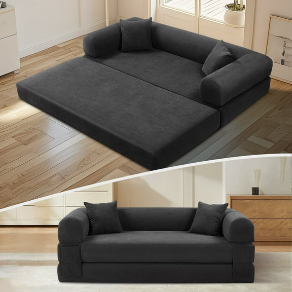 VFD 3-Seat Convertible Sleeper Sofa Bed with 2 Pillows, Teddy Sofa Corduroy Folding Mattress Couch, No Assembly Required Floor Sofa Lounge Boneless Couch for Living Room Bedroom, Deep Gray