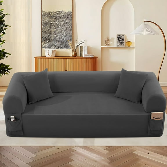 VFD Compact Sofa Floor Couch - 3 Seats Compression Sofa with Pillows Hybrid Sofa Pocketed Spring, Gray