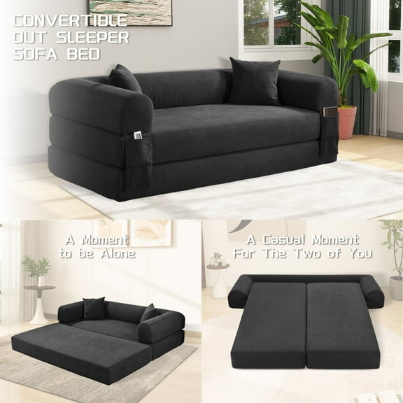 VFD Compression Sofa - 3 Seats Convertible Floor Sofa Bed - with Pillow Back Support Armrest - Comfy Foldable Sofa Bed Compressed Sofa in Box - Corduroy Fabric - for Living Room Bedroom