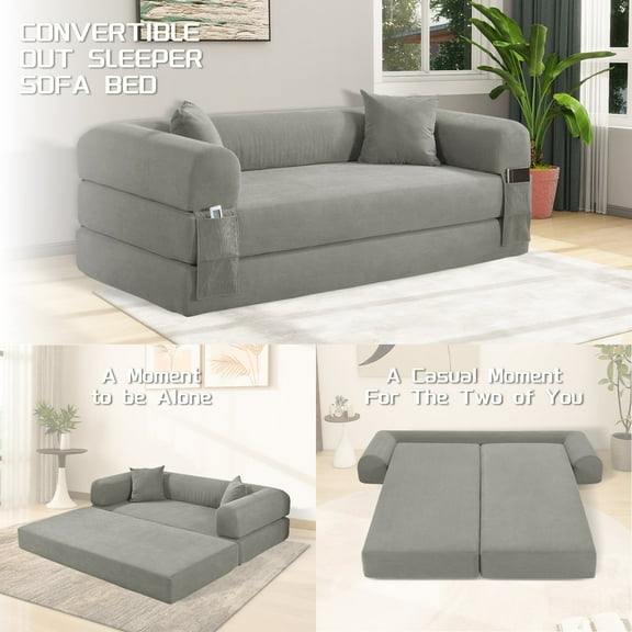 VFD Compression Sofa - 3 Seats Convertible Floor Sofa Bed - with Pillow Back Support Armrest - Comfy Foldable Sofa Bed Compressed Sofa in Box - Corduroy Fabric - for Living Room Bedroom