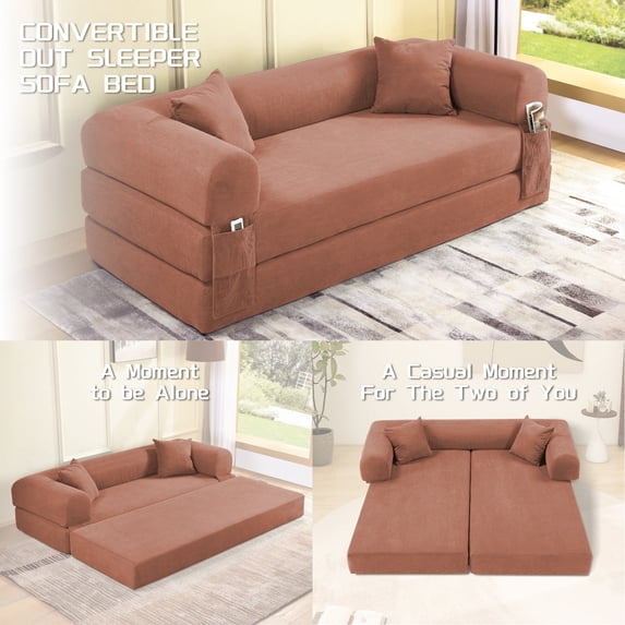 VFD Compression Sofa - 3 Seats Convertible Floor Sofa Bed - with Pillow Back Support Armrest - Comfy Foldable Sofa Bed Compressed Sofa in Box - Corduroy Fabric - for Living Room Bedroom