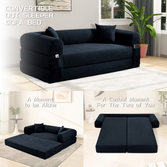 VFD Compression Sofa - 3 Seats Convertible Floor Sofa Bed - with Pillow Back Support Armrest - Comfy Foldable Sofa Bed Compressed Sofa in Box - Corduroy Fabric - for Living Room Bedroom