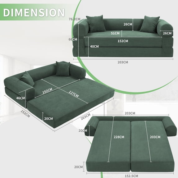 VFD Compression Sofa - 3 Seats Convertible Floor Sofa Bed - with Pillow Back Support Armrest - Comfy Foldable Sofa Bed Compressed Sofa in Box - Corduroy Fabric - for Living Room Bedroom