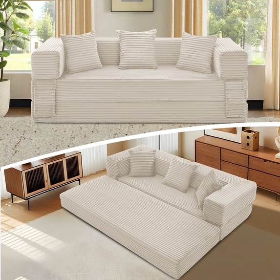 VFD Convertible Floor Sofa Bed with Storage Pocket, 3 Seats with 3 Pillows Corduroy Folding Mattress Sofa with Zipper Closure, Floor Lounge Couch for Living Room, Bedroom, Studio -Beige