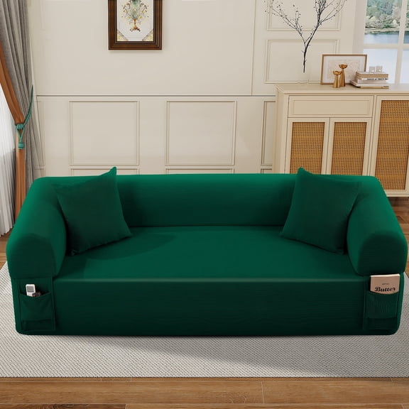 VFD Floor Couch - 3 Seats Compression Sofa with Pillows Hybrid Sofa Pocketed Spring, Green