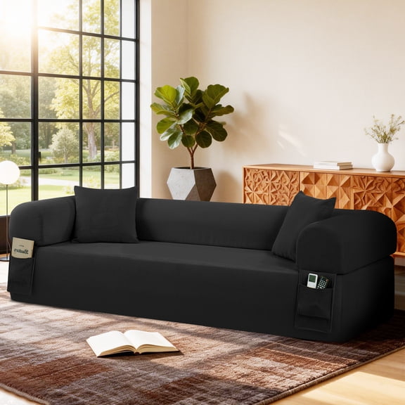 VFD Floor Couch - 83" Sofa in a Box, 3 Seater Couch No Assembly Boneless Sofa Bed with 2 Matching Pillows Compact Sofa Corduroy Fabric Side Storage Pockets for Living Room, Bedroom, Apartment, Office