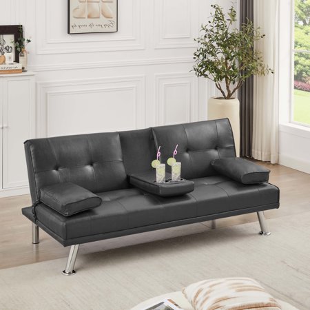 VFD Futon Sofa Bed Modern Folding Futon Set Convertible Recliner Lounge for Living Room with 2 Cup Holders, Removable Armrests (Faux leather, Gray)