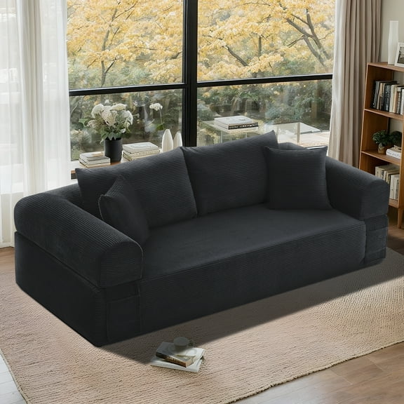 VFD Modern 3-Seater Sofa with Deep Seat, No Assembly Required, Modern Corduroy Couch with 2 Pillows, Lazy Compression Sofa for Living Room Bedroom, Hybrid Sofa in a Box, Black