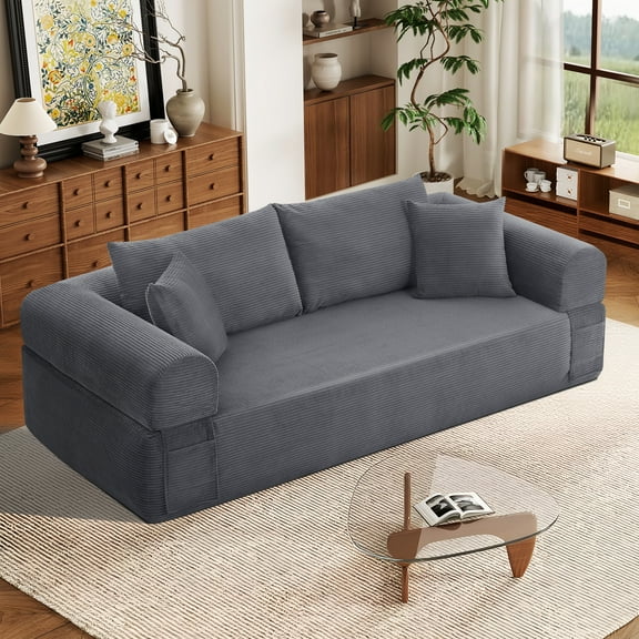VFD Modern 3-Seater Sofa with Deep Seat, No Assembly Required, Modern Corduroy Couch with 2 Pillows, Lazy Compression Sofa for Living Room Bedroom, Hybrid Sofa in a Box, Deep Gray
