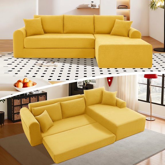 VFD Modular Sectional Couch in a Box 103" L Shaped Boneless Cloud Couch with Deep Seat, Convertible Sofa Bed for Living Room Bedroom Apartments, No Assembly Required, Yellow, Right Facing Chaise