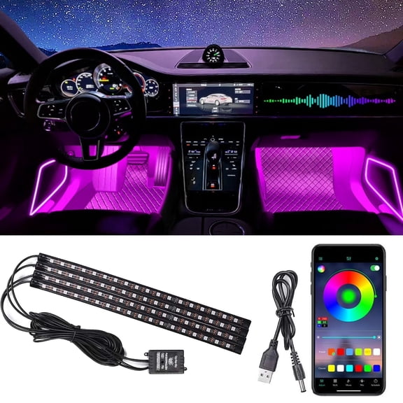 VFM Car LED Lights, Smart Car Interior Lights with App Control, RGB Lights with DIY Mode and Music Mode, 4 Lines Design LED Lights for Cars with Car Charger, 12V