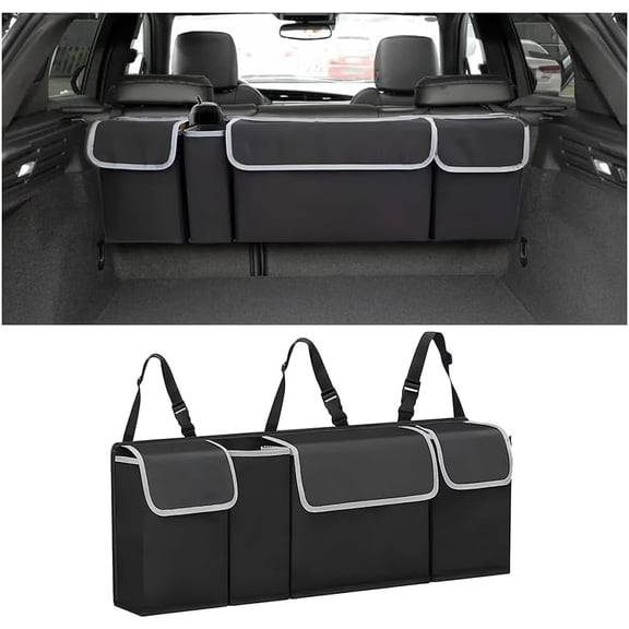 VFM Car Trunk Organizer, Backseat Hanging Large Storage with Adjustable Straps, Waterproof Collapsible Cargo Bag with 4 Pockets, Sturdy Space Saver Frees Trunk Floor for SUV, Truck, MPV