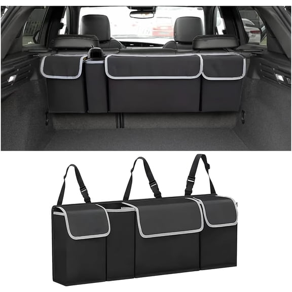 VFM Car Trunk Organizer, Backseat Hanging Large Storage with Adjustable Straps, Waterproof Collapsible Cargo Bag with 4 Pockets, Sturdy Space Saver Frees Trunk Floor for SUV, Truck, MPV