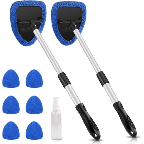 VFM Car Window Cleaner Tool, Car Interior Window Detailing Cleaning Kit with Extendable Handle and 4 Easy-to-Install Reusable Microfiber Pads, Auto Glass Wiper Brush Kit for Car&Home