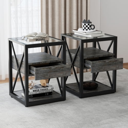 VFM Industrial X Frame Side Table, Set of 2 with 3 Tier Storage, MDF and Metal End Table with Tempered Glass Top and Pull Out Drawer, 17.72 Inch Corner Table for Living Room Bedroom Home Office