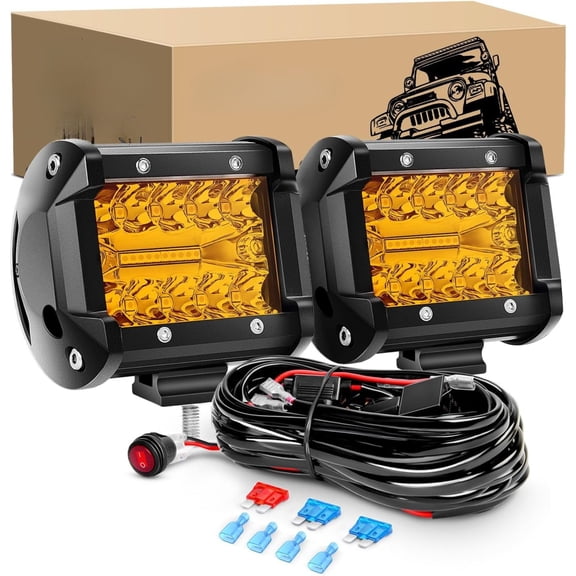 VFM LED Light Bar 2PCS 60W 4 Inch Flood Spot Combo LED Work Light Pods Triple Row Work Driving Lamp with 12 ft Wiring Harness kit - 2 Leads