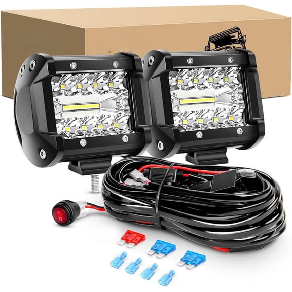 VFM LED Light Bar 2PCS 60W 4 Inch Flood Spot Combo LED Work Light Pods Triple Row Work Driving Lamp with 12 ft Wiring Harness kit - 2 Leads