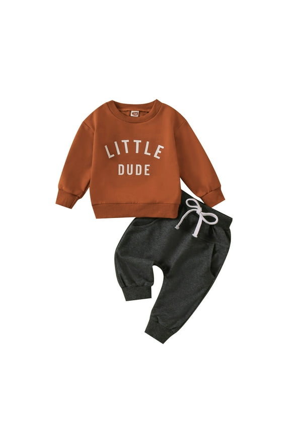 Baby Boys Valentine's Day Suit Long Sleeve Round Neck Letters Printed Sweatshirt Tops Casual With Drawstring Pants Tracksuit Outfit Clothes,Coffee,18-24 Months