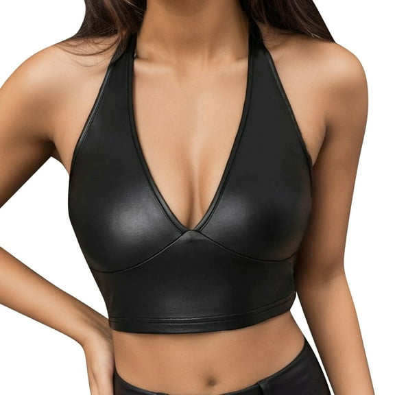 VFRGHD Bras For Women Leather Bra V Neck Halter Brassieres No Underwire Push Up Bralette Spaghetti Strap Cami Crop Top Comfy Bras Versatile Brassieres