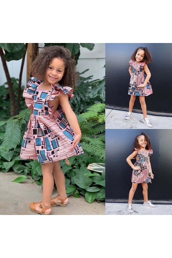 Girls Summer Dresses Toddler Girls Fly Sleeve Traditional Style Suspenders Ankara Dress Holiday Sundress Party Clothes 4-5 Years